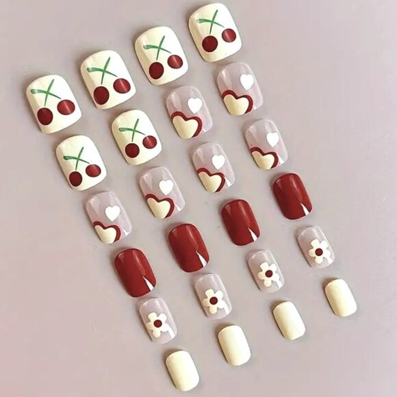 Fake Nails Cherries Hearts Press On 24 Stylish Glam Trendy Love Cherry Bomb Sexy - Picture 2 of 4